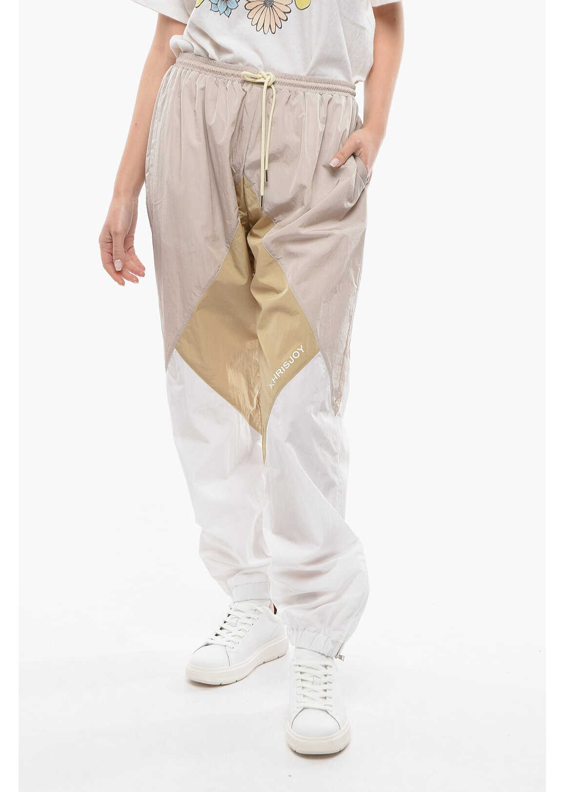 KhrisJoy Colorblock Nylon Joggers With Ankle Zip Beige
