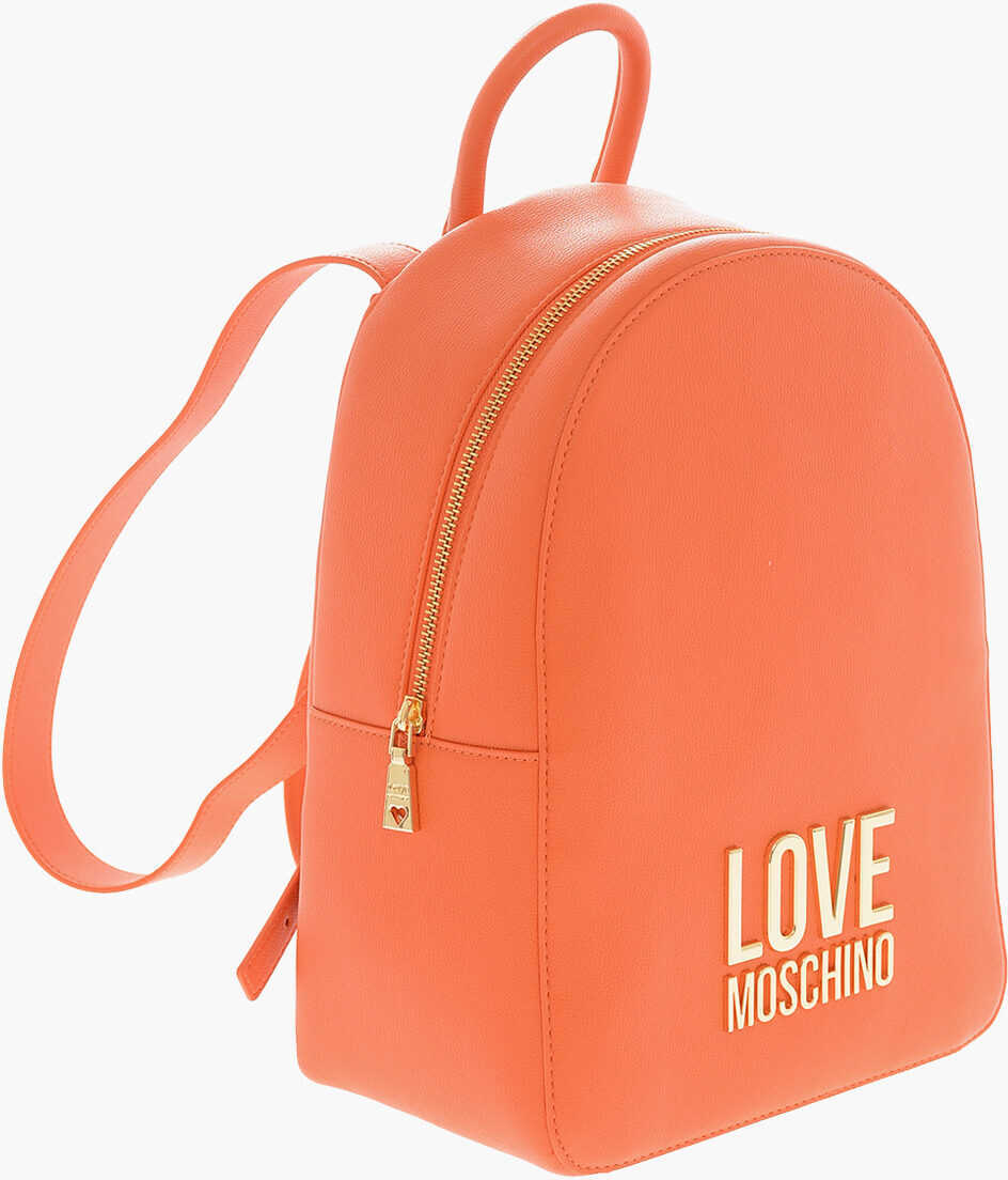 Rucsacuri Moschino Love Textured Faux Leather Backpack With Golden Logo Orange Femei (BM 9880964) 3