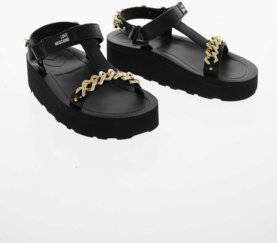 Poze Moschino Love Leather Sandals With Heart Shape Decorative Chain Black B-Mall