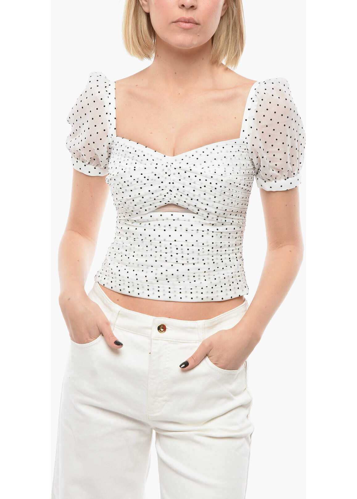Self-Portrait Polka Dots Cro Top With Puff Sleeve And Cut-Out Detail Black & White