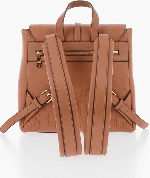 Rucsacuri Moschino Love Solid Color Faux Leather Backpack With Golden Logo Brown Femei (BM 9894065) 2