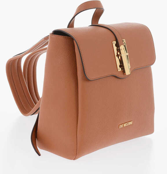 Rucsacuri Moschino Love Solid Color Faux Leather Backpack With Golden Logo Brown Femei (BM 9894065) 3