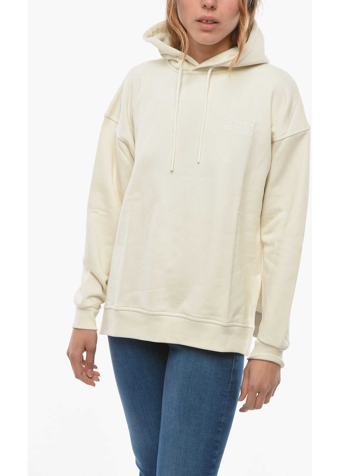 Ganni Fleeced-Cotton Software Hoodie With Logo-Embroidery White