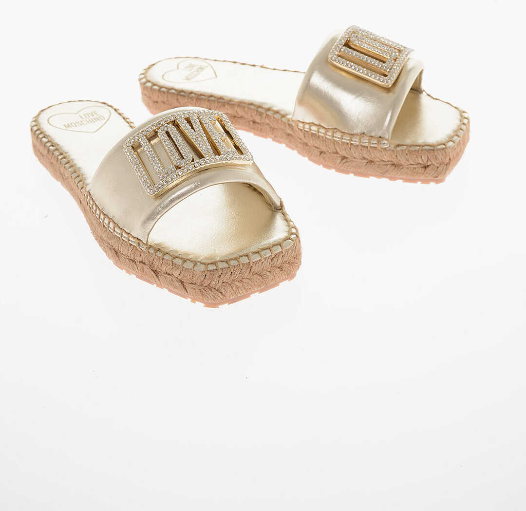 Moschino Love Mettallic Effect Leather Sandals With Rhinestones Logo Gold