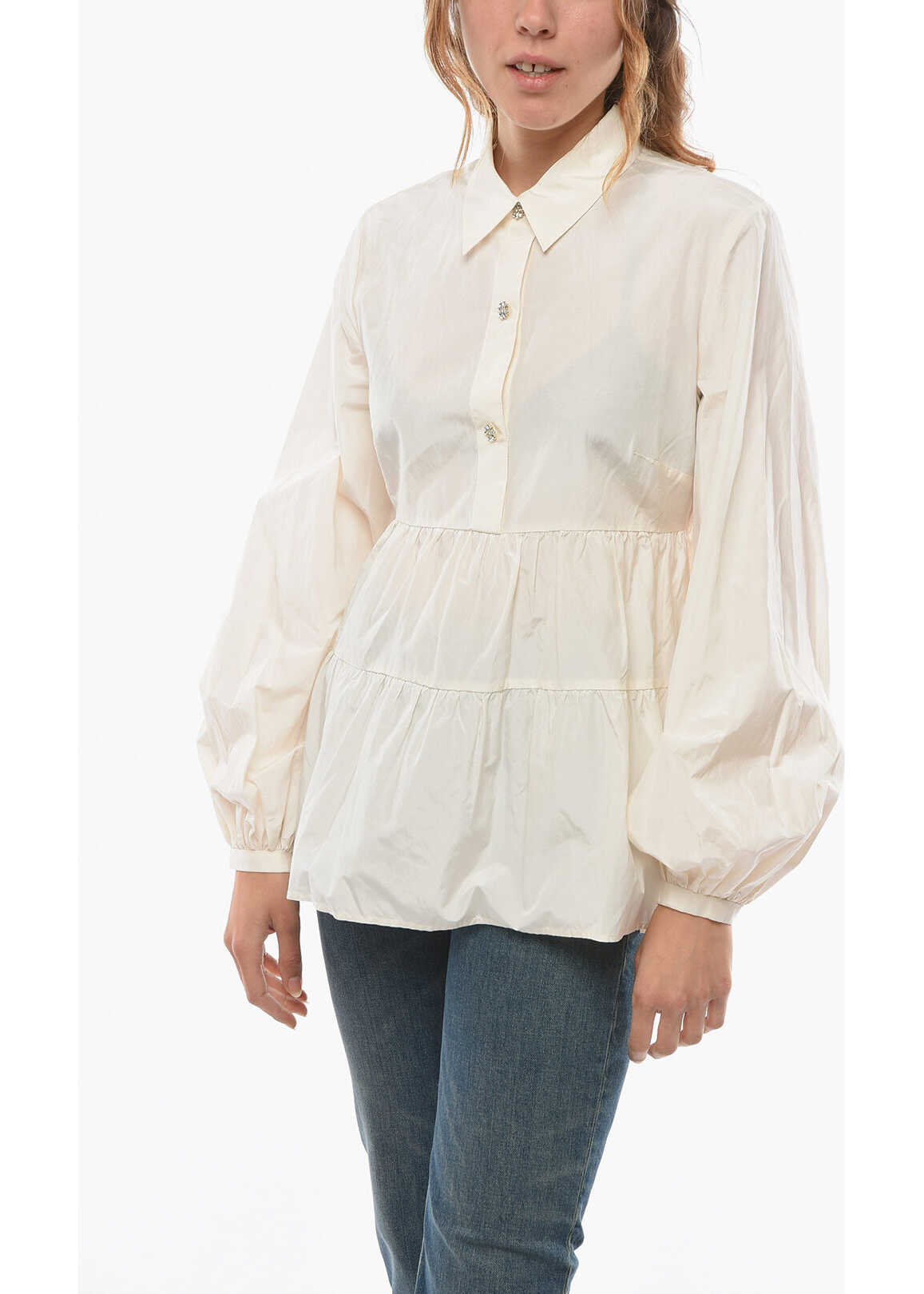 Kate Spade New York Silk And Cotton Blouse With Jewel Buttons And Ruffled Detail Beige