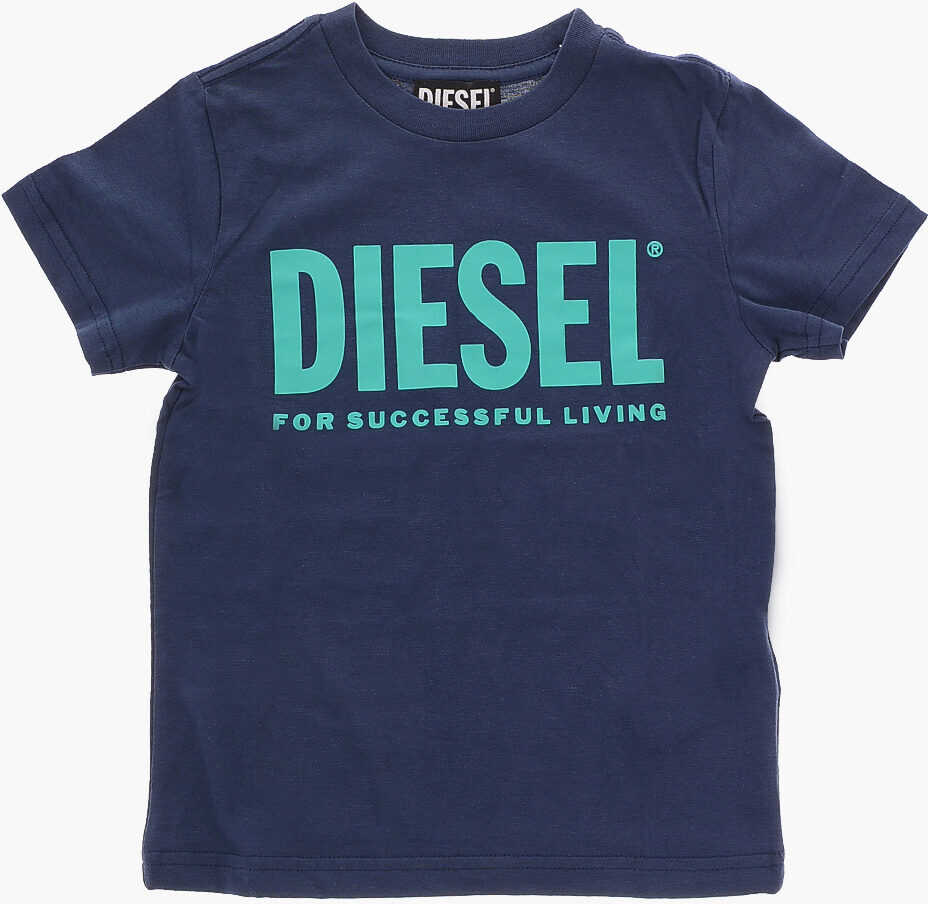 Diesel Solid Color Tjust Crew-Neck T-Shirt With Maxi Frontal Logo Blue