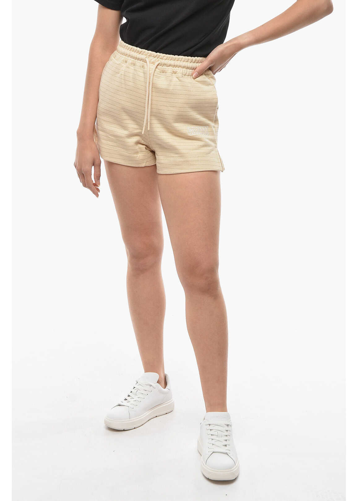 Ganni Lurex Striped Sweat Shorts With Embroidered Logo Beige