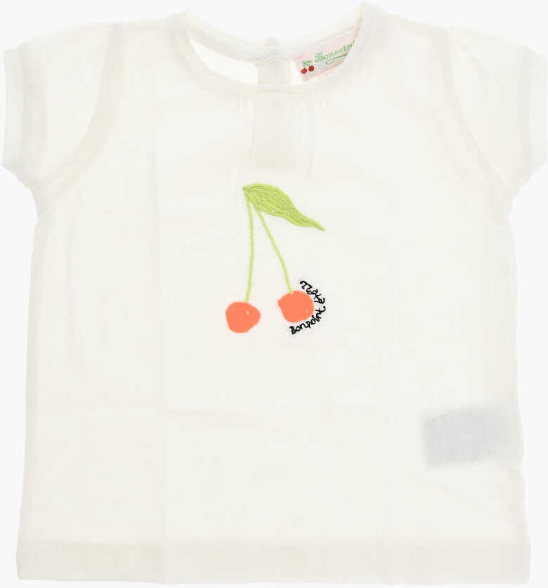 Poze Bonpoint Cherry Embroidered Crew-Neck Tissia T-Shirt White