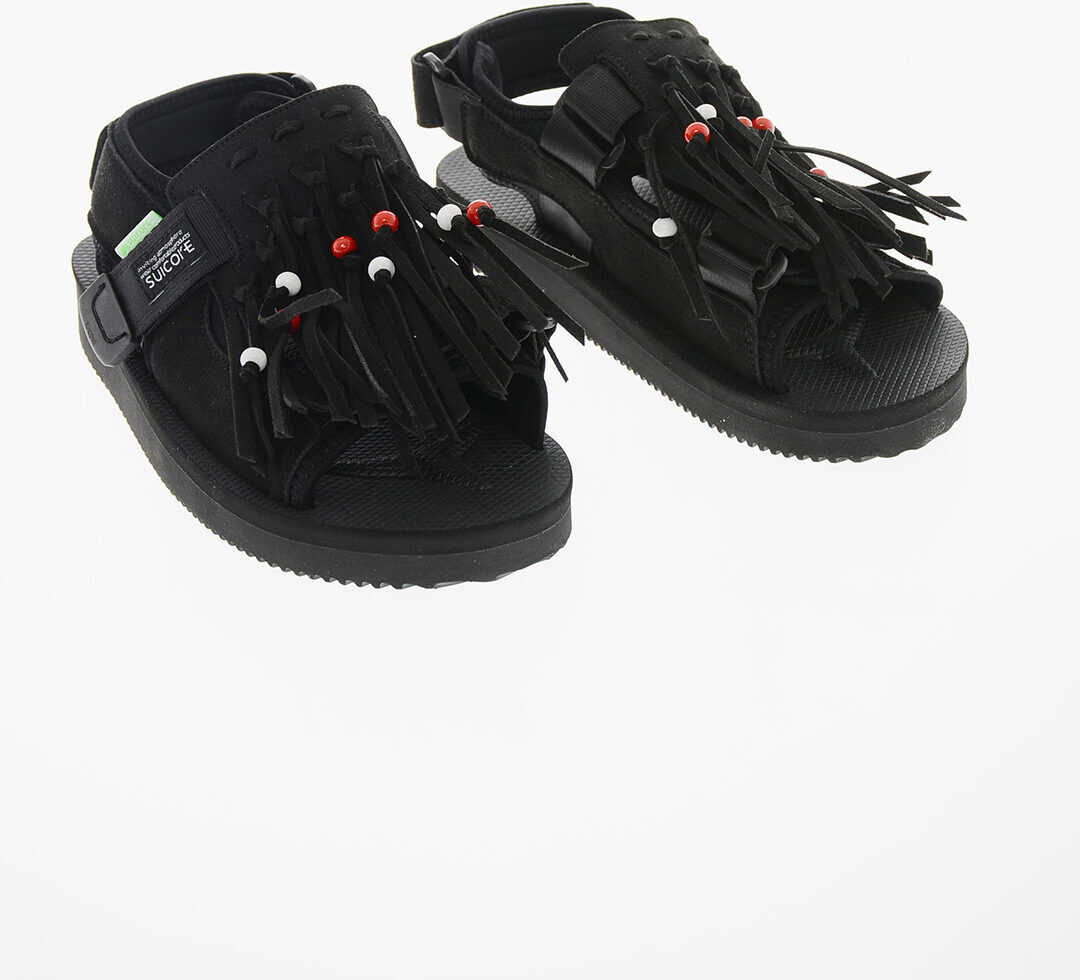 Suicoke Solid Color Sandals With Fringes And Beads Details Black