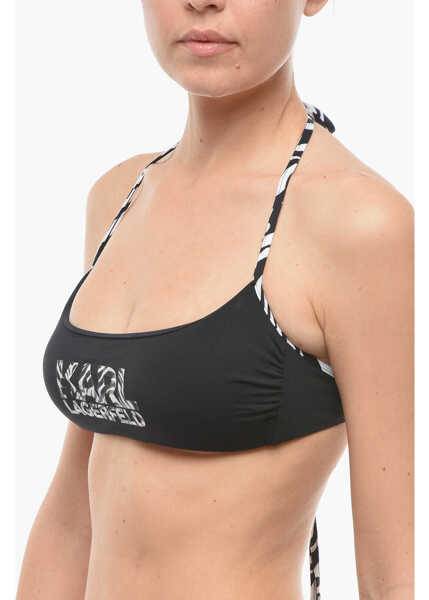 Sutiene Karl Lagerfeld Solid Color Halter Bikini Top With Animal Patterned Details Black Femei (BM 9937703) 2