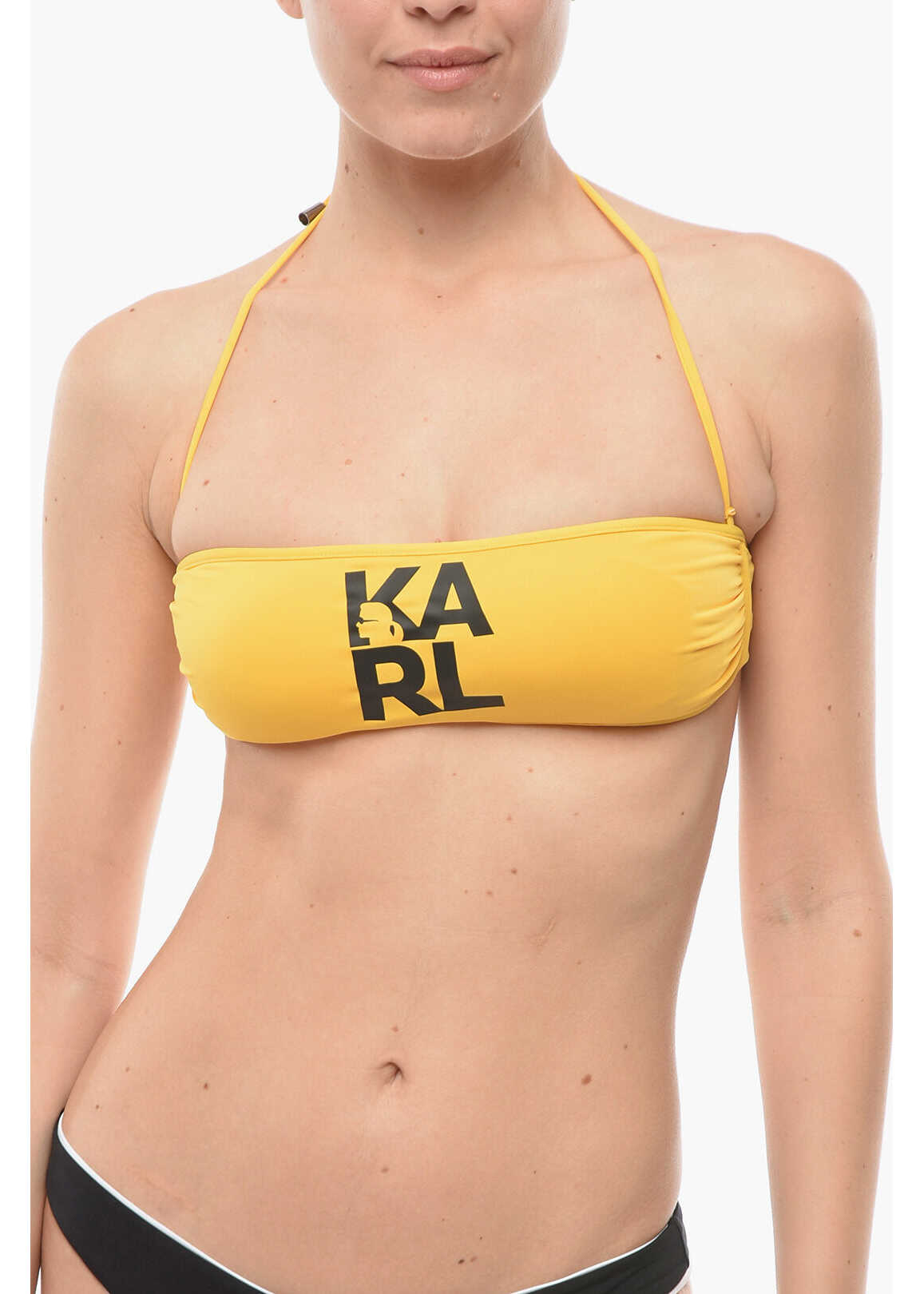 Karl Lagerfeld Solid Color Bandeau Bikini Top With Printed Contrasting Logo Yellow