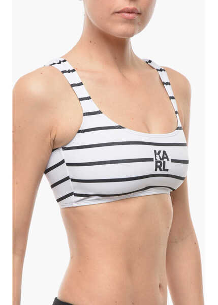 Sutiene Karl Lagerfeld Awning Striped Two-Tone Plunge Bikini Top Black & White Femei (BM 9938087) 2
