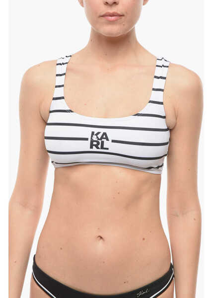 Sutiene Karl Lagerfeld Awning Striped Two-Tone Plunge Bikini Top Black & White Femei (BM 9938087) 1