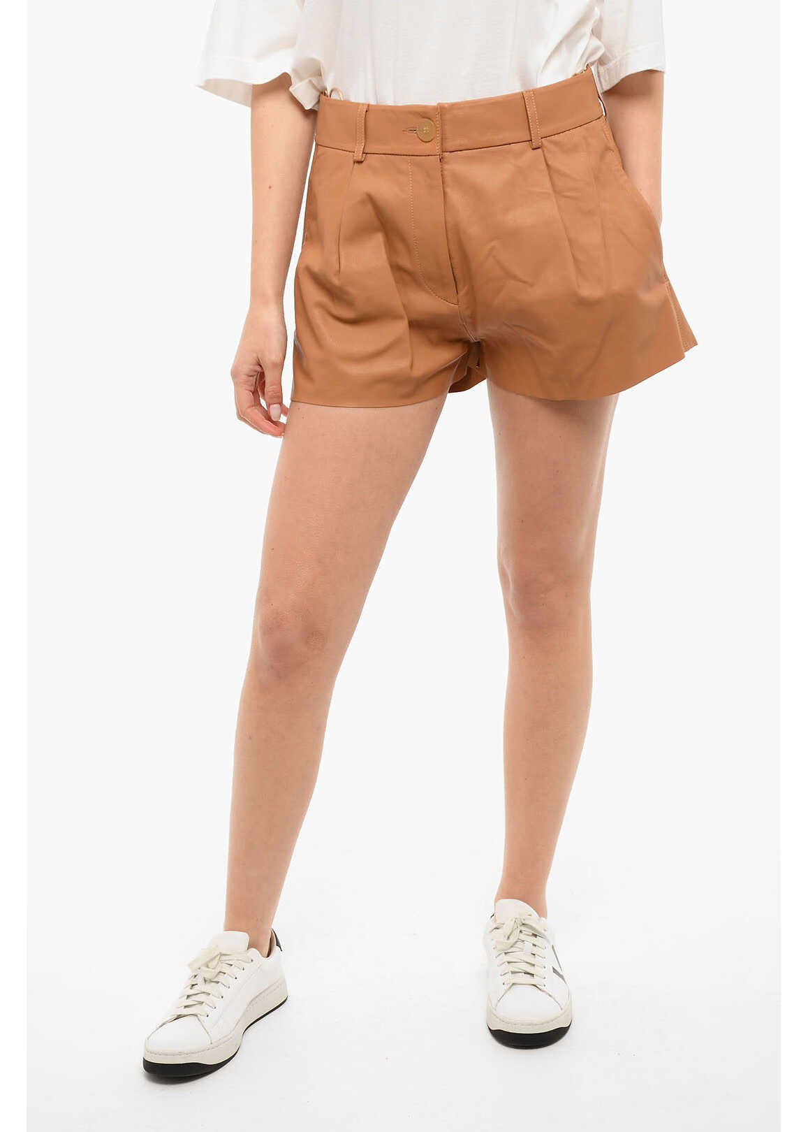 forte_forte Pleated Leather Shorts Beige