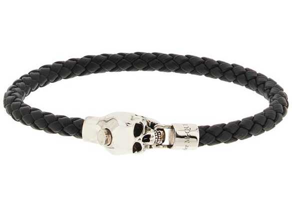 Poze Alexander McQueen Skull Braided Leather Bracelet BLACK