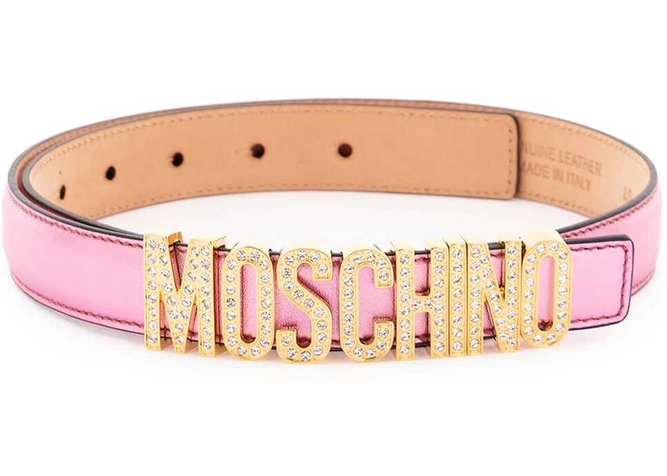 Moschino Crystal Lettering Leather Belt FANTASIA ROSA
