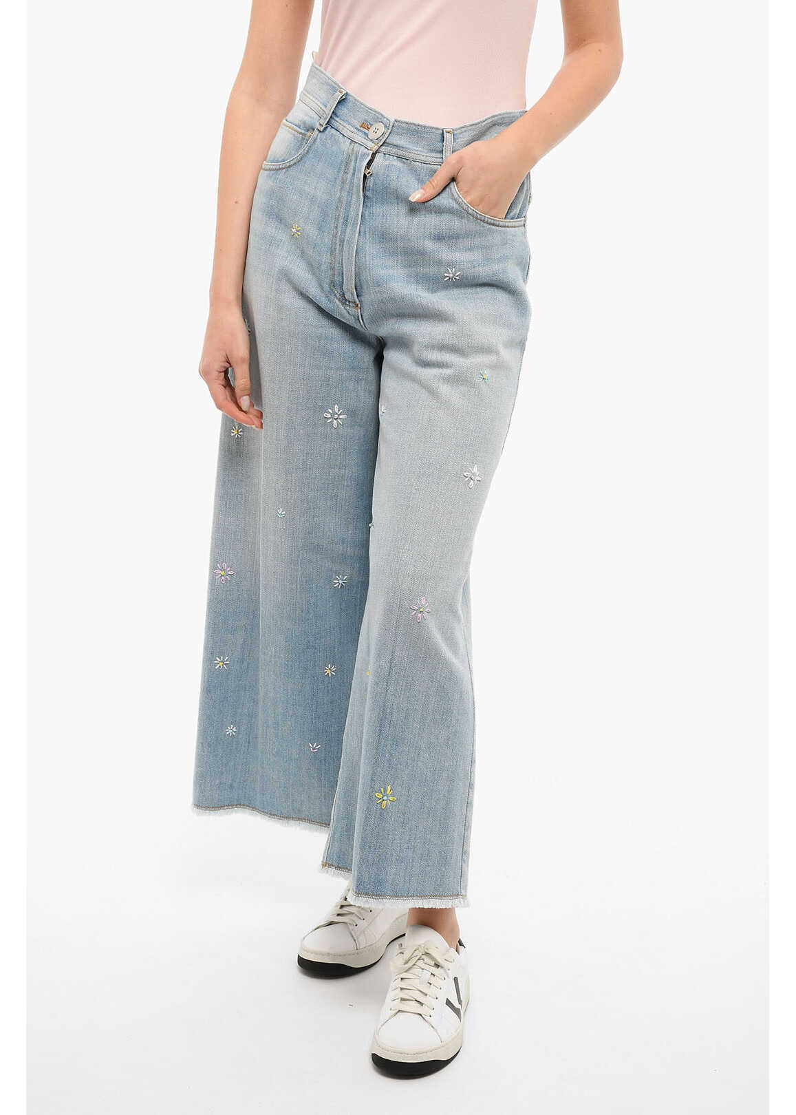 forte_forte Embroidered Wide Legged Jeans With Raw Cut Bottom Light Blue