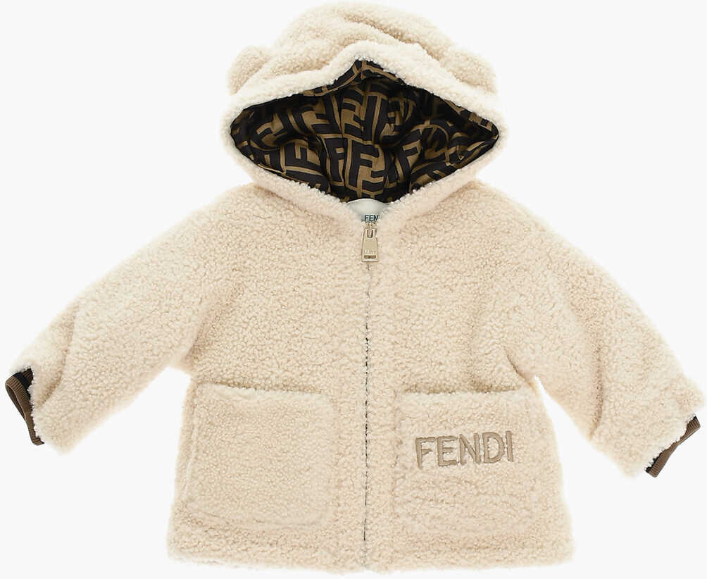 Fendi Hooded Fur Coat With Logoed Lining Beige image0