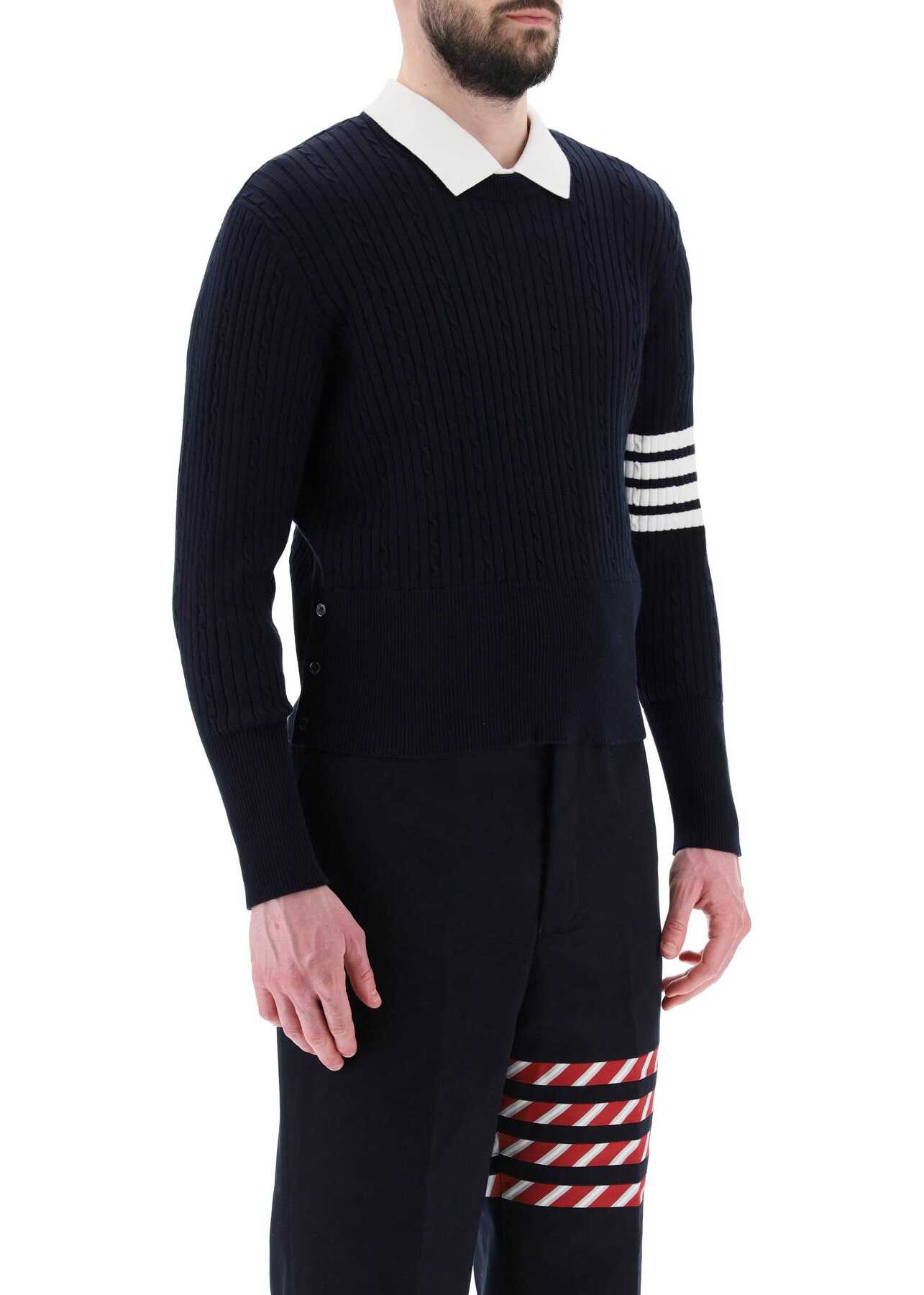 Thom Browne Crew-Neck Sweater With 4-Bar Motif NAVY