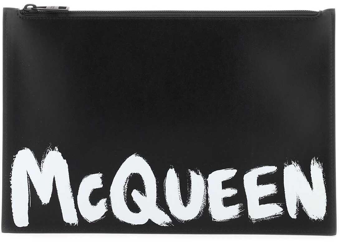 Alexander McQueen \'Mcqueen Graffiti\' Leather Flat Pouch BLACK WHITE