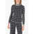 DROME Windowpane-Chekered Perkins-Neck Sweater With Ribbed Hems Blue