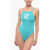 Karl Lagerfeld Solid Color One-Piece Swimsuit With Printed Logo Light Blue