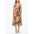 DSQUARED2 Plant Pattern Ruffled Flared Dress With Drawstringed Necklin Brown