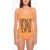 Ganni Solid Color One Piece Swimsuit With Contrasting Print Orange