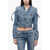 Off-White Crop Denim Jacket With Buckles Detail Blue