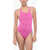 Nike Swim Solid Color One-Piece Swimsuit With Embroidered Logo Pink